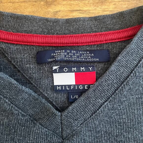 Vintage Tommy Hilfiger Y2K Sweater Mens L High V Neck Grunge Stripe Logo 90s - Picture 2 of 10